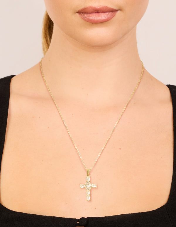 Waterproof Gold Plated Stainless SteeL Cubic Zirconia Statement Cross Necklace
