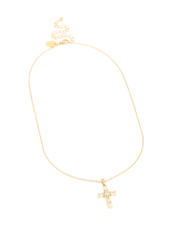 Waterproof Gold Plated Stainless SteeL Cubic Zirconia Statement Cross Necklace
