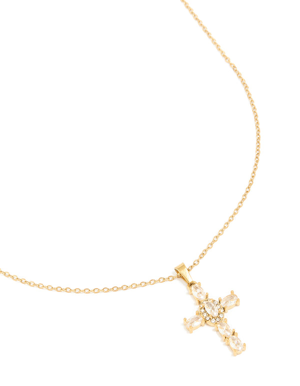 Waterproof Gold Plated Stainless SteeL Cubic Zirconia Statement Cross Necklace