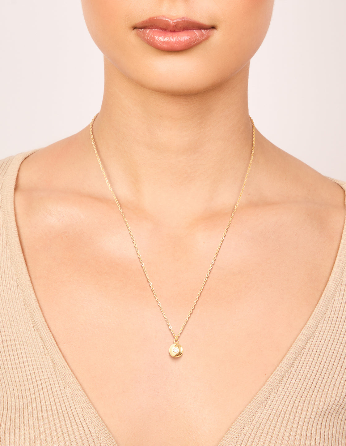 Waterproof Gold Plated Stainless Steel Cubic Zirconia Disc Pendant Necklace