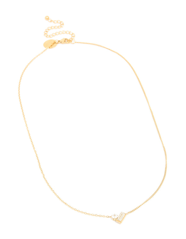 Waterproof Gold Plated Stainless Steel Cubic Zirconia Baguette & Round Pendant Necklace