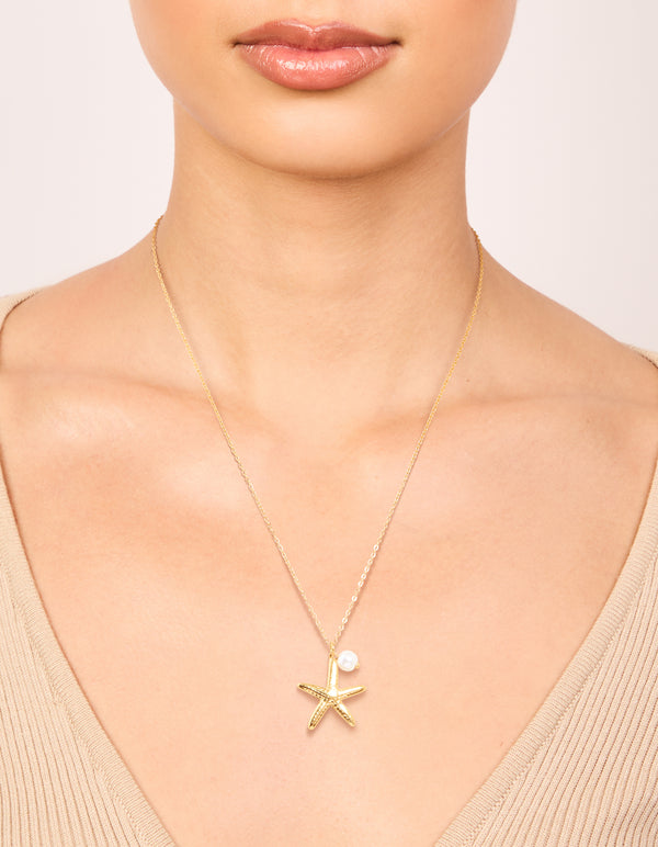 Waterproof Gold Plated Stainless Steel Pearl Starfish Pendant Necklace