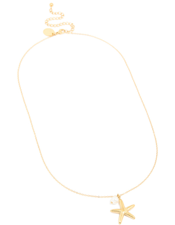 Waterproof Gold Plated Stainless Steel Pearl Starfish Pendant Necklace