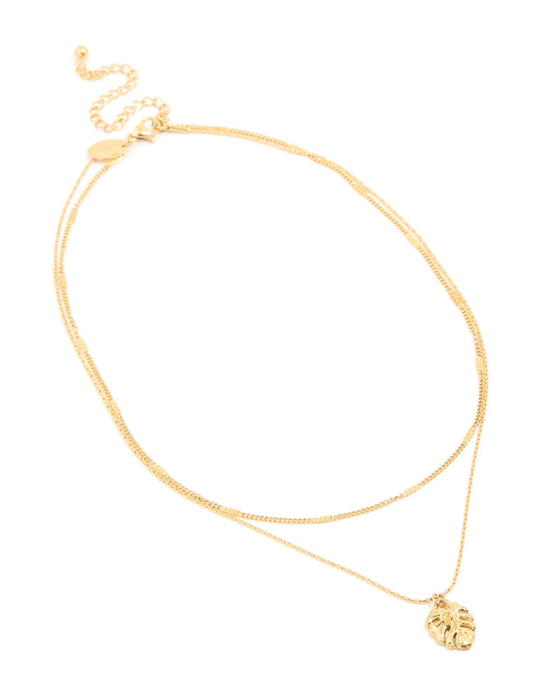 Waterproof Gold Plated Stainless Steel Chain & Leaf Layered Necklace