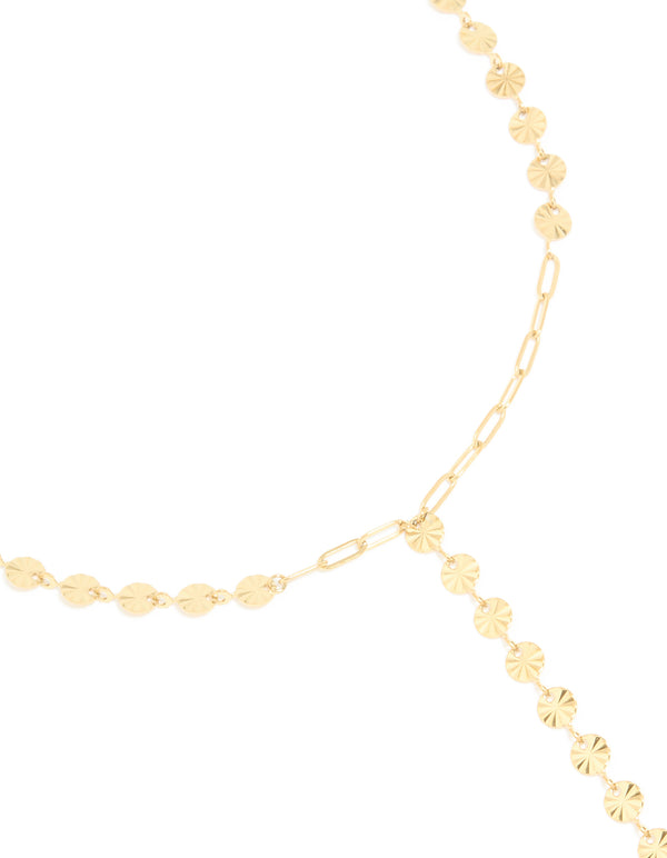 Featuring a waterproof Y-necklace crafted from gold plated stainless steel with disc front view
