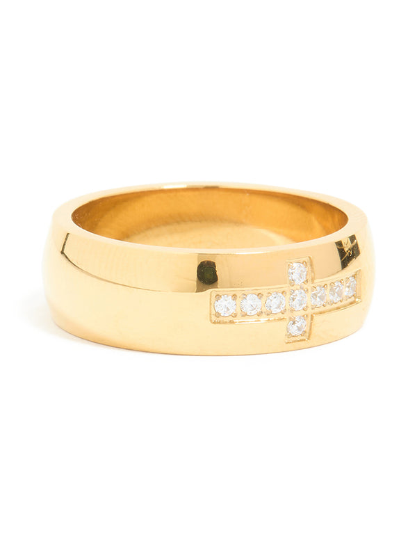 Waterproof Gold Plated Stainless Steel Cubic Zirconia Pave Cross Thick Ring