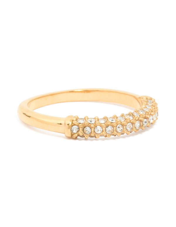 Displaying a waterproof gold plated stainless steel skinny ring with clear tone cubic zirconia pave detailing front view
