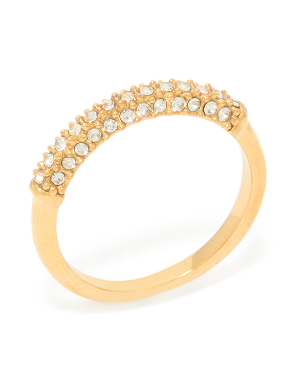 Revealing waterproof stainless steel skinny ring in gold plated finish featuring pave set clear tone cubic zirconia stones side detail view