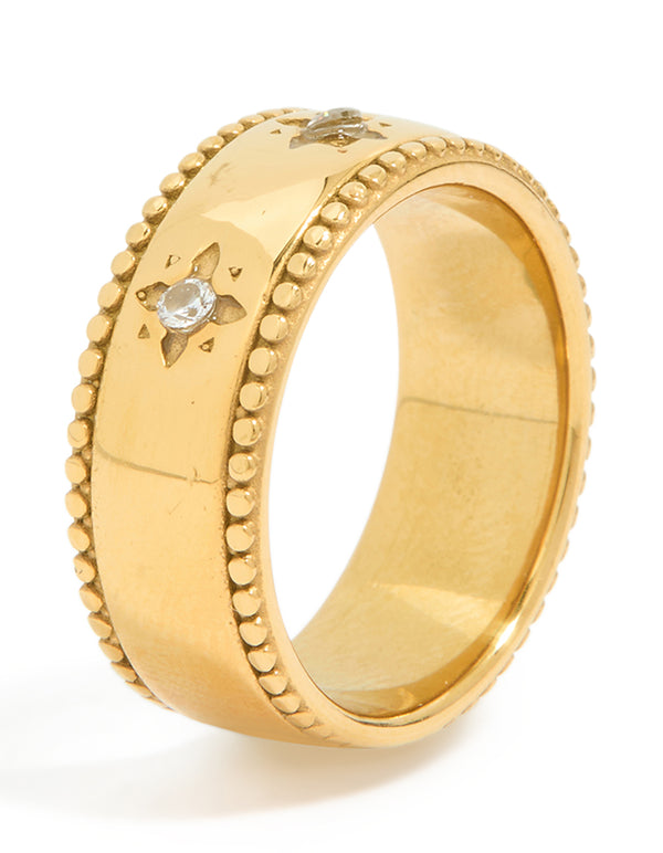 Waterproof Gold Plated Stainless Steel Cubic Zirconia Star Thick Band Ring