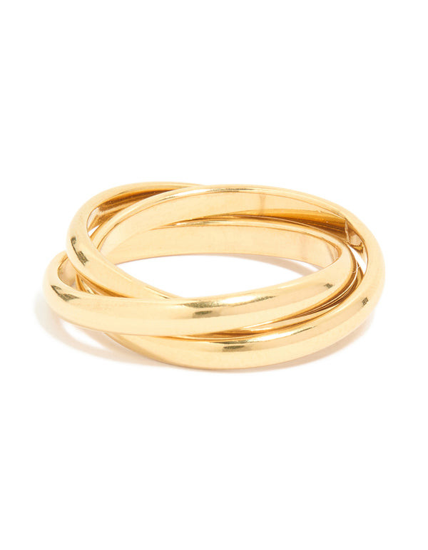 Showcasing a waterproof gold plated stainless steel locked trio band layered ring on finger view