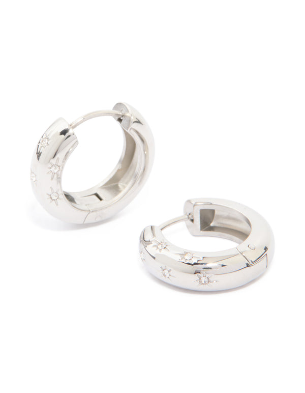 Explore waterproof stainless steel cubic zirconia star hanging hoop earrings featuring celestial motifs front view