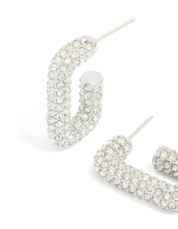 Crafted from waterproof stainless steel cubic zirconia pavé rectangle hoop earrings in silver close up view