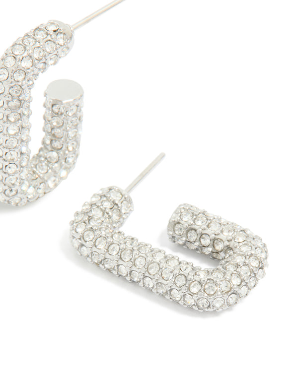 Designed with waterproof stainless steel cubic zirconia pavé rectangle hoop earrings in silver post detail view