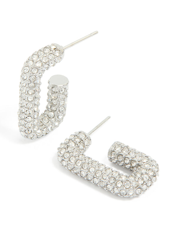 Featuring waterproof stainless steel cubic zirconia pavé rectangle hoop earrings in silver front view
