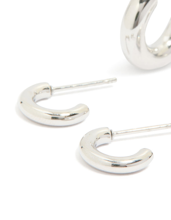 Showcasing waterproof stainless steel multi-sized hoop earrings in a 3-pack with silver color close up view