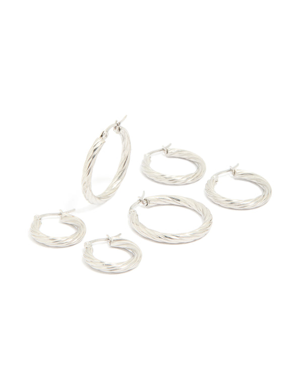 Showcasing waterproof stainless steel twisted hoop earrings in a 3-pack with silver finish front view