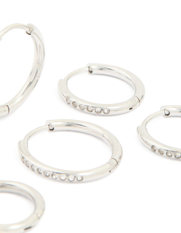 Presenting waterproof stainless steel cubic zirconia clicker hoop earring pack in silver post detail view