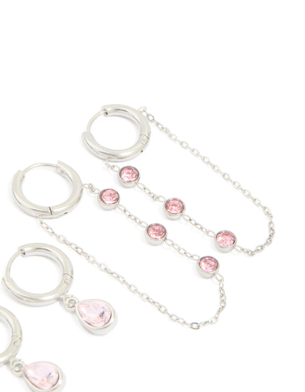 Waterproof Stainless Steel Pink Cubic Zirconia Chain Droplet & Classic Huggie Earrings 2-Pack