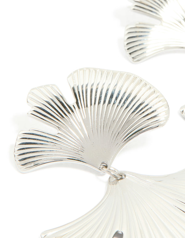 Detailed view of waterproof stainless steel statement petal earrings in silver close up view