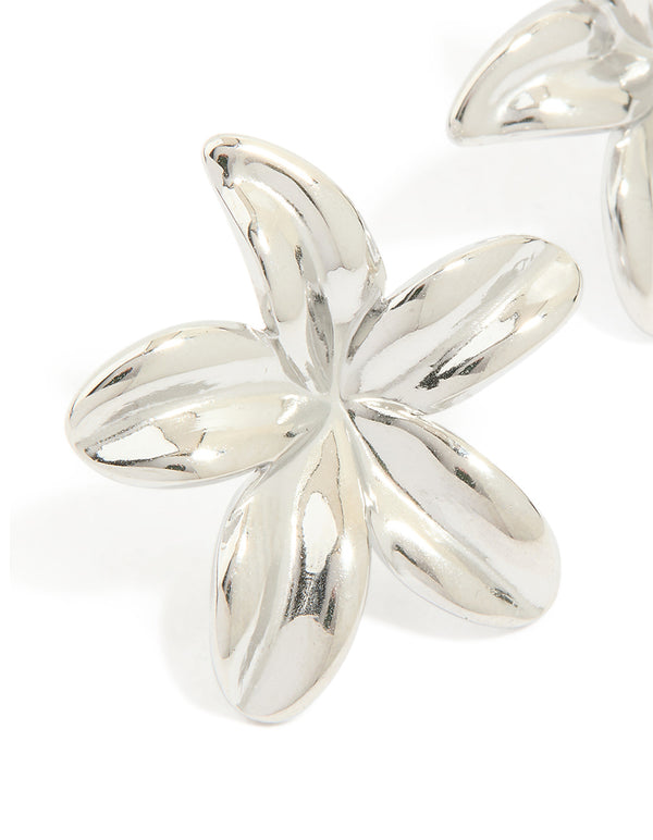 Designed with dainty stainless steel waterproof silver 5-petal flower earrings close up view