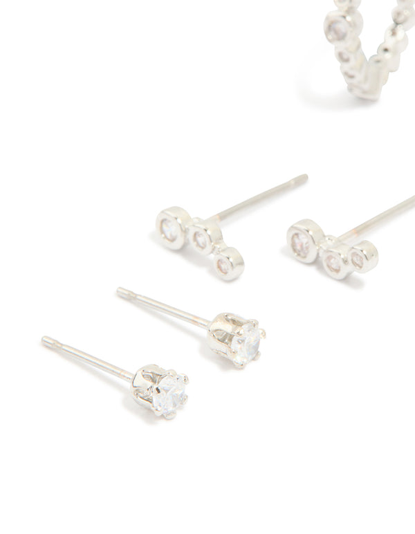 Explore waterproof stainless steel diamante stacking earrings in a 4-pack featuring silver tone close up view