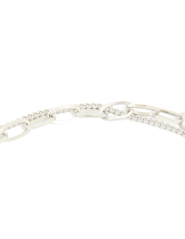 Showcasing waterproof stainless steel molten pendant and chain layered necklace in silver clasp detail view
