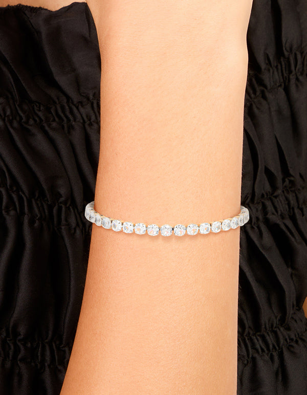 This waterproof stainless steel cubic zirconia classic tennis bracelet in silver on wrist view