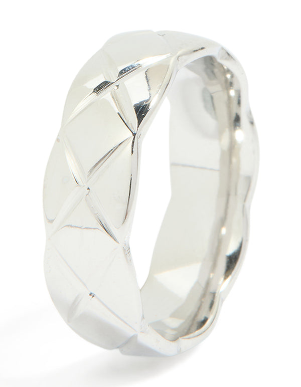 Crafted from waterproof stainless steel crosshatch band ring in silver side detail view