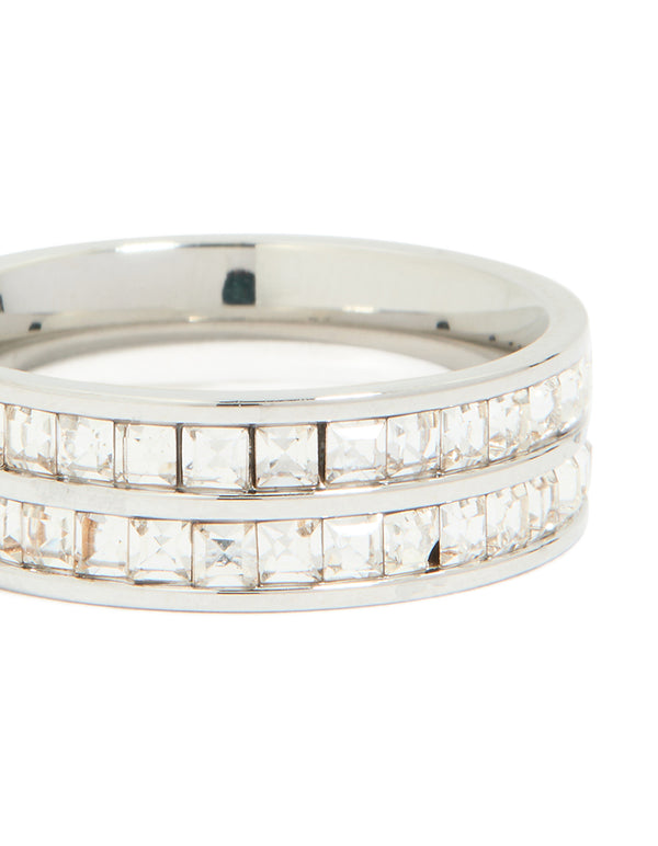 Waterproof Stainless Steel Square Cubic Zirconia Double Layered Ring