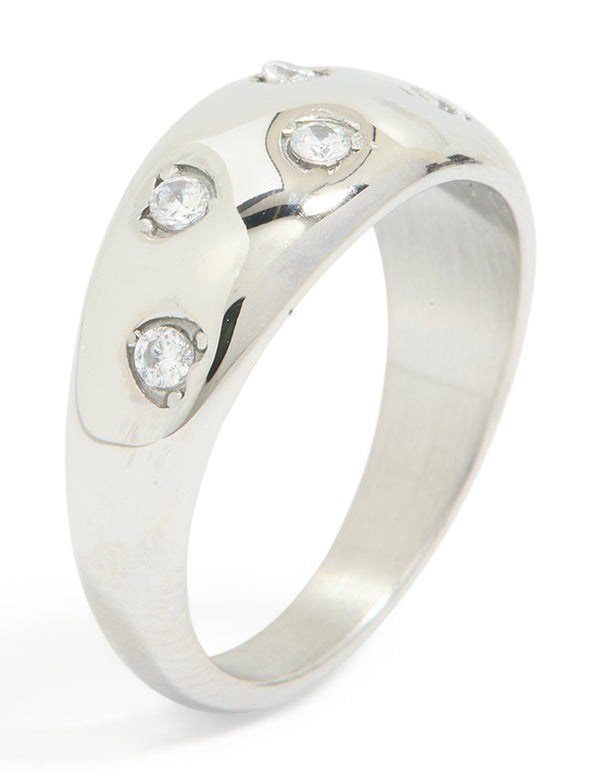 Designed with waterproof stainless steel spotty diamante band ring in silver and clear stone side detail view