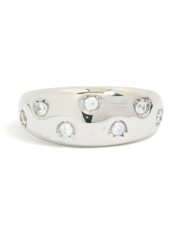 Showcasing a waterproof stainless steel spotty diamante band ring crafted from silver with clear accents front view