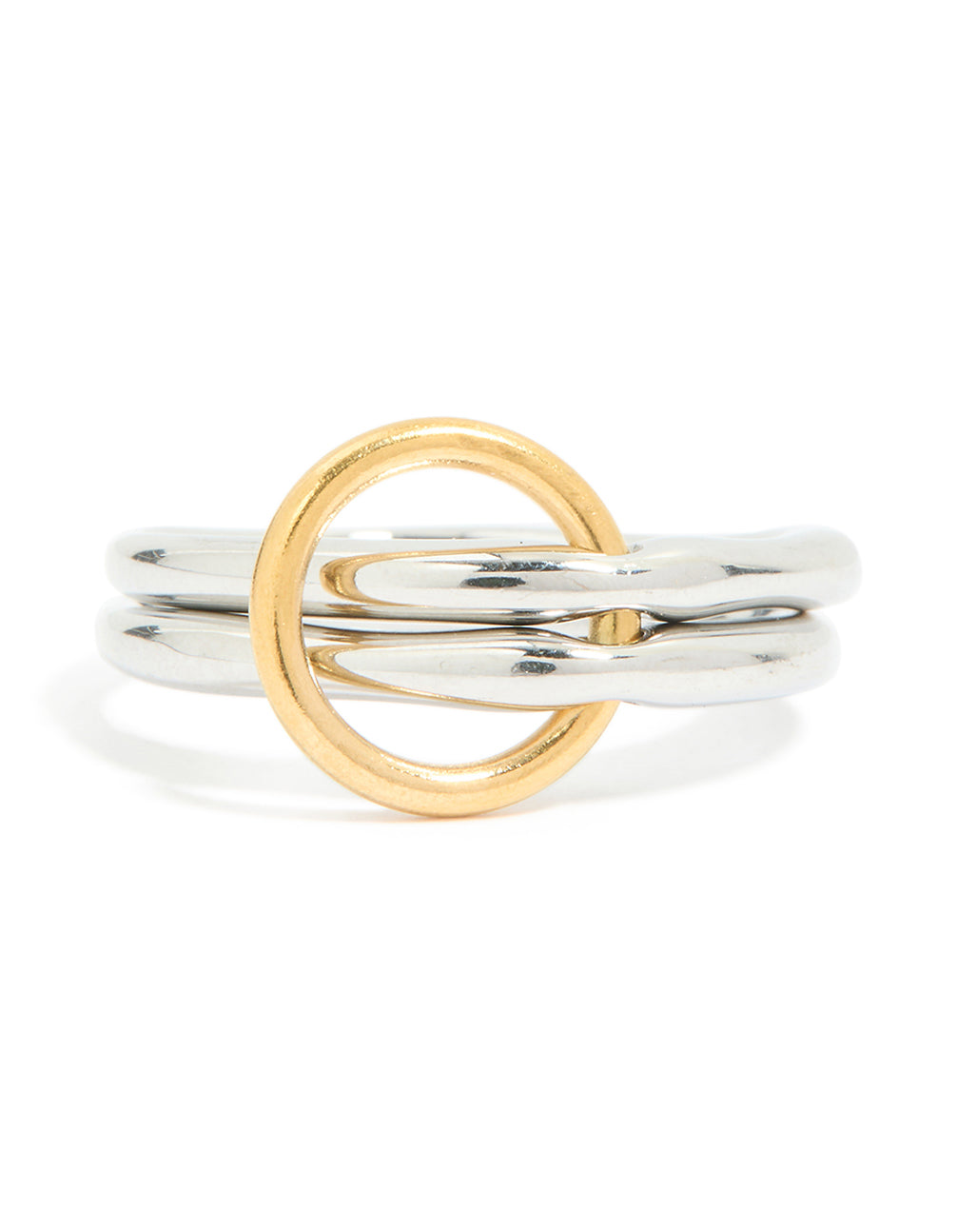 Featuring waterproof mixed metal plated stainless steel fine rondell stacked link ring in silver and gold chunky style close up view