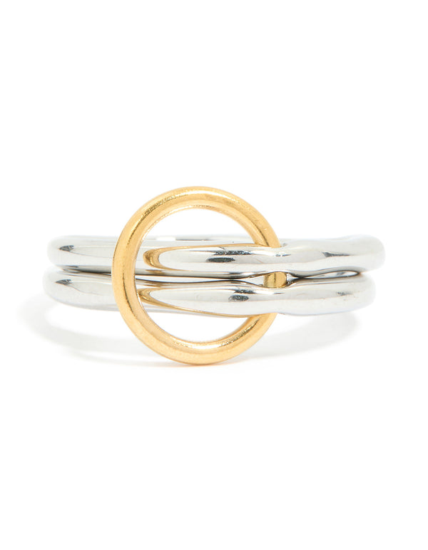 Featuring waterproof mixed metal plated stainless steel fine rondell stacked link ring in silver and gold chunky style close up view