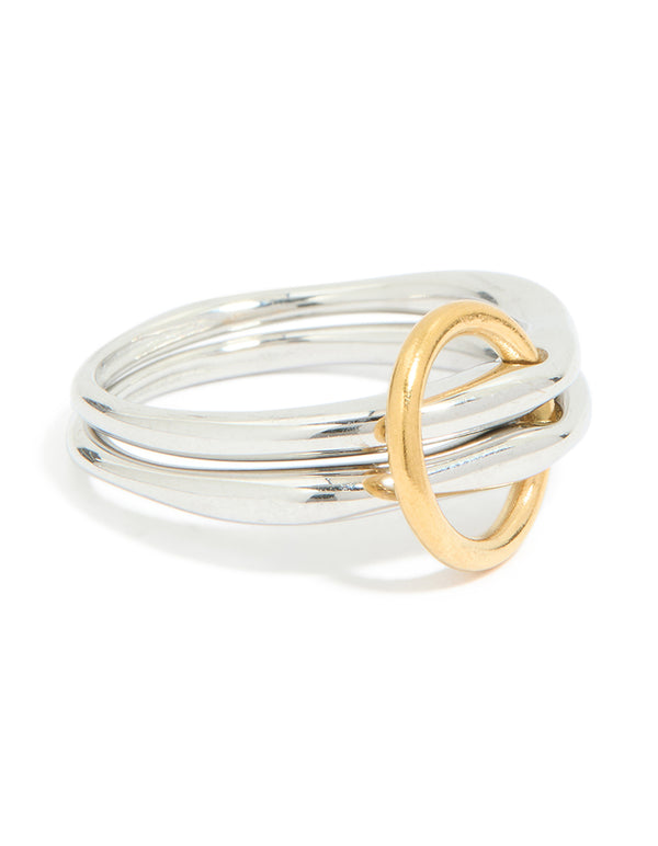 Showcasing a waterproof mixed metal plated stainless steel fine rondell stacked link ring in silver and gold chunky style front view