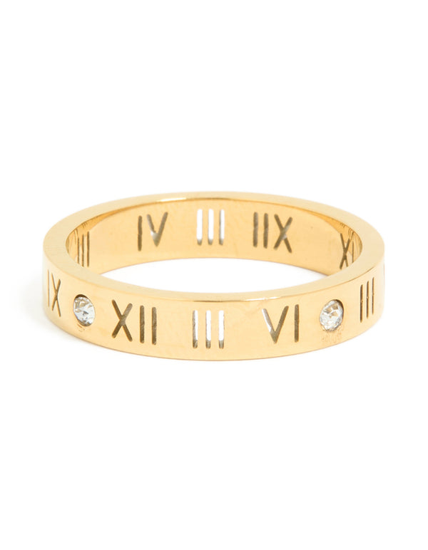Waterproof Gold Plated Stainless Steel Cubic Zirconia Roman Numeral Band Ring