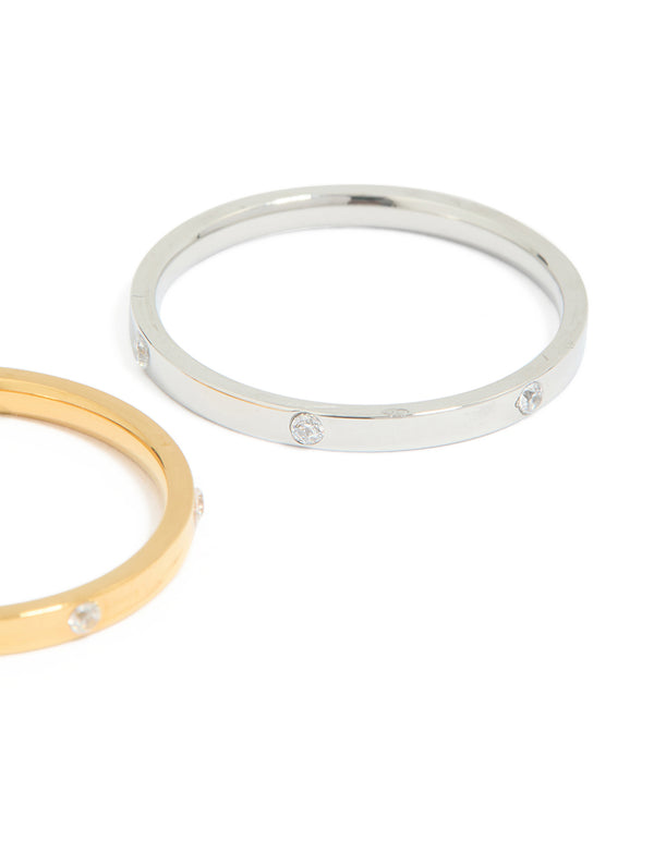 Designed with waterproof mixed metals plated stainless steel, skinny cubic zirconia dot rings 2-pack in gold and silver side detail view