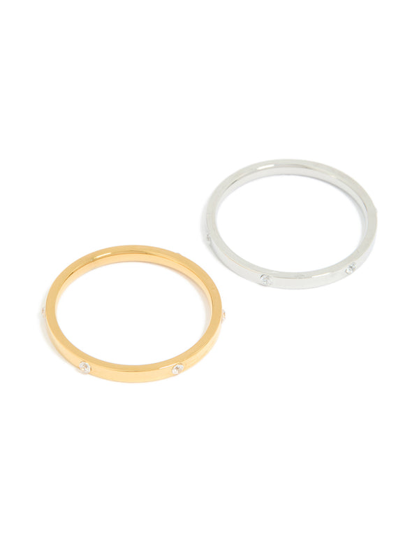 Showcasing waterproof skinny cubic zirconia dot rings in a 2-pack with mixed metals plated stainless steel, featuring gold and silver finishes front view