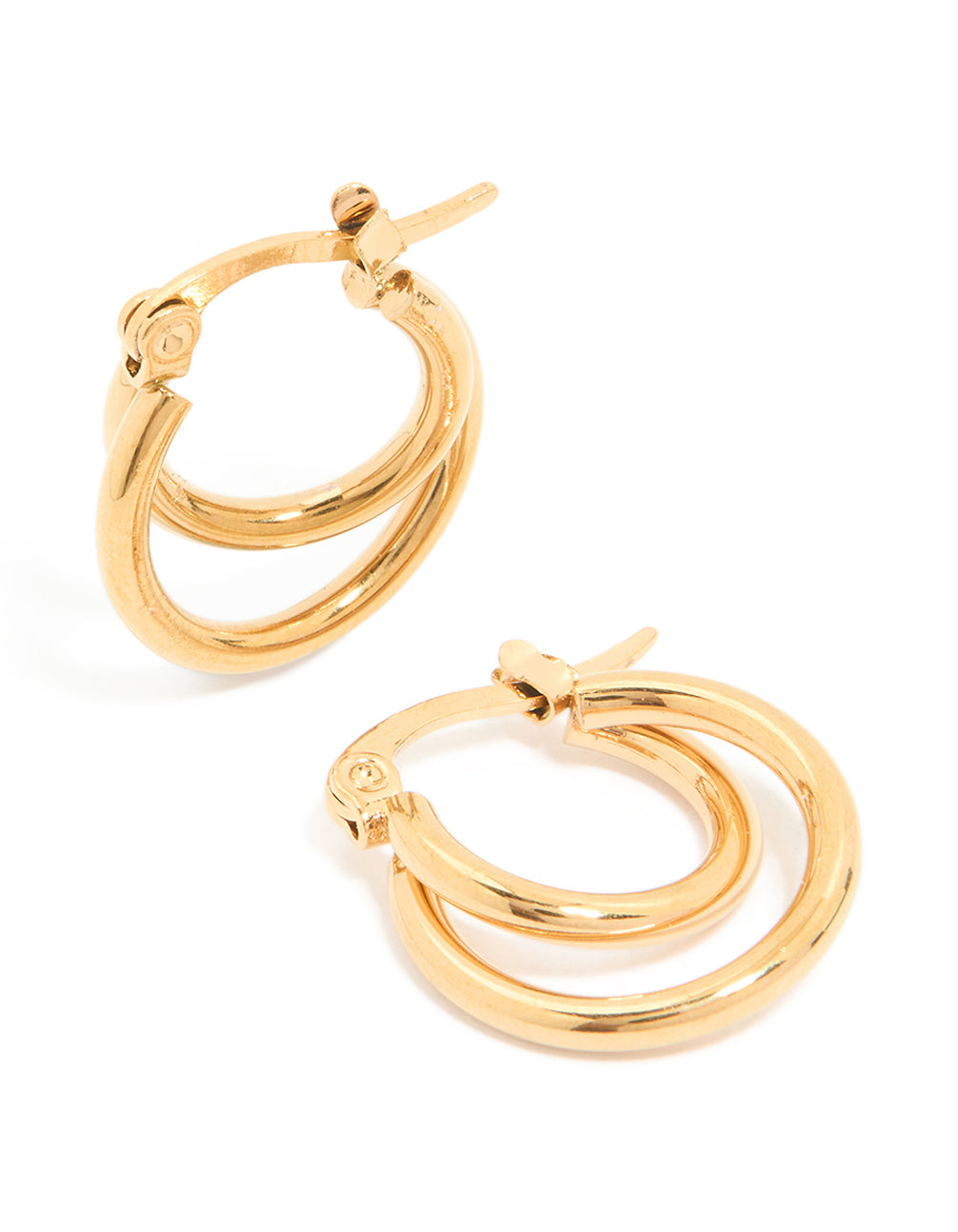 Elegantly designed waterproof gold plated stainless steel double classic hoop earrings front view