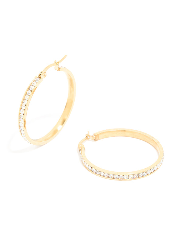 Waterproof Gold Plated Stainless Steel Diamante Hoop Earrings 35 MM