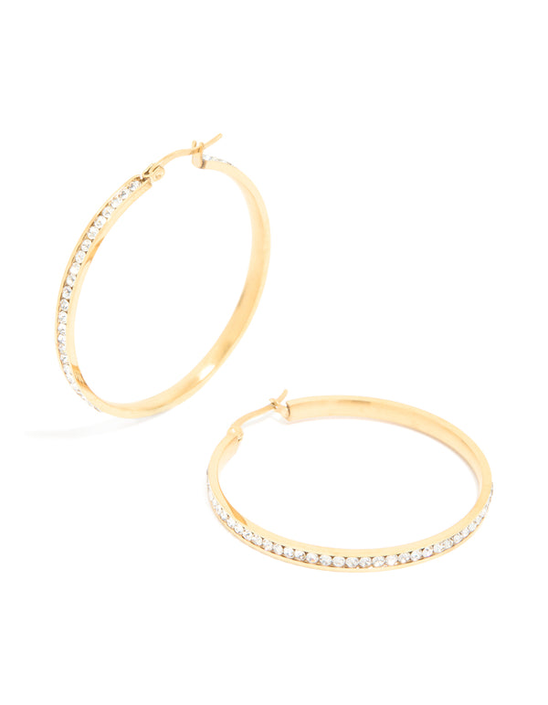 Waterproof Gold Plated Stainless Steel Diamante Hoop Earrings 45 MM