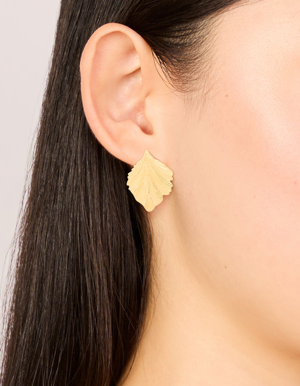 Waterproof Gold Plated Stainless Steel Textured Leaf Earrings
