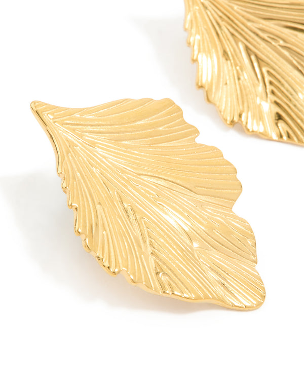 Waterproof Gold Plated Stainless Steel Textured Leaf Earrings