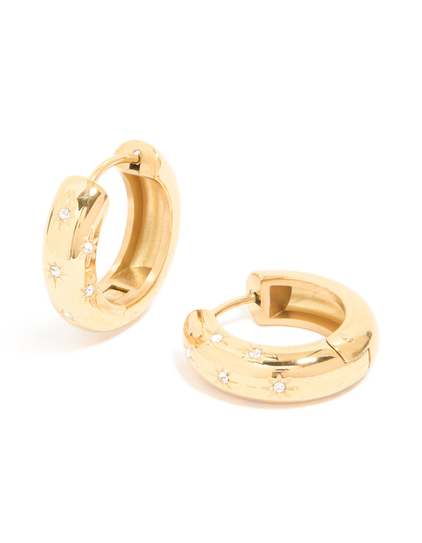 Waterproof Gold Plated Stainless Steel Diamante Star Huggie Earrings
