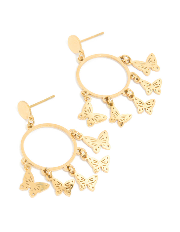 Waterproof Gold Plated Stainless Steel Butterfly Charms Hoop Earrings