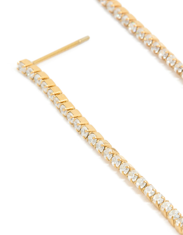 Designed with waterproof gold plated stainless steel drop earrings featuring pearl and diamante cup chain close up view