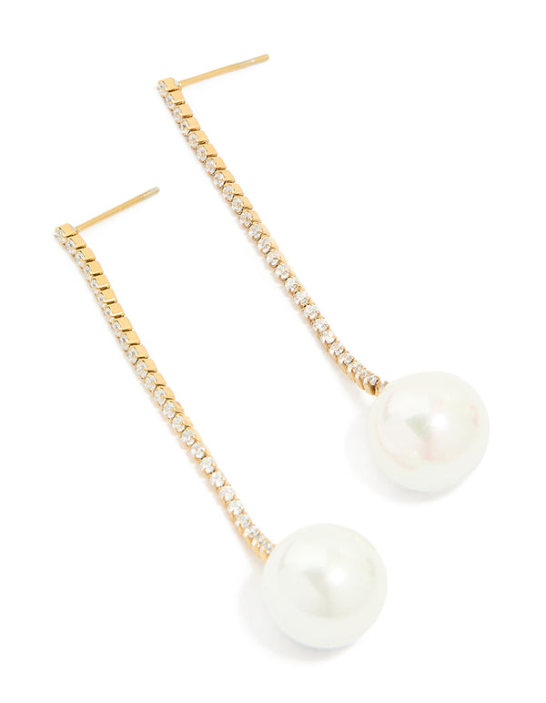Showcasing waterproof gold plated stainless steel drop earrings featuring pearl and diamante cup chain in gold front view