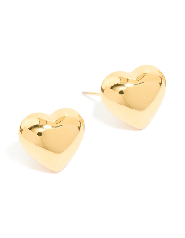 Waterproof Gold Plated Stainless Steel Puffy Heart Stud Earrings