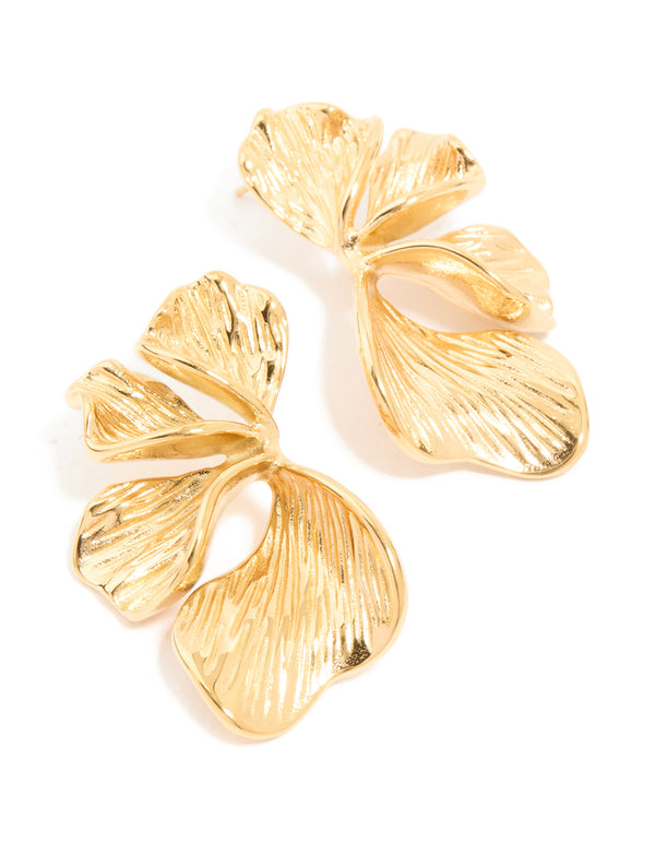Waterproof Gold Plated Stainless Steel Ribbed Petal Stud Earrings