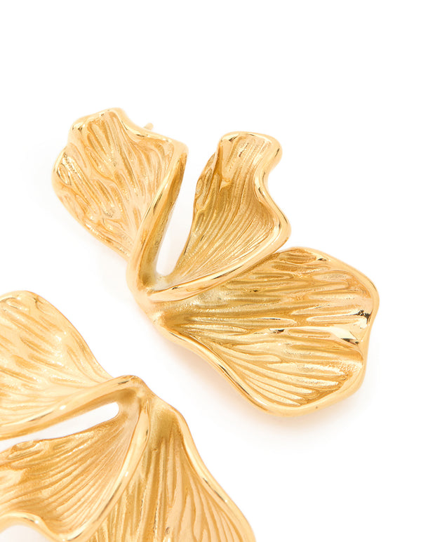 Crafted from waterproof gold plated stainless steel petal fan design post detail view