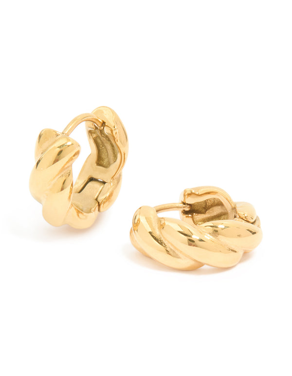 Waterproof gold plated stainless steel plaited detail huggie earrings in front view